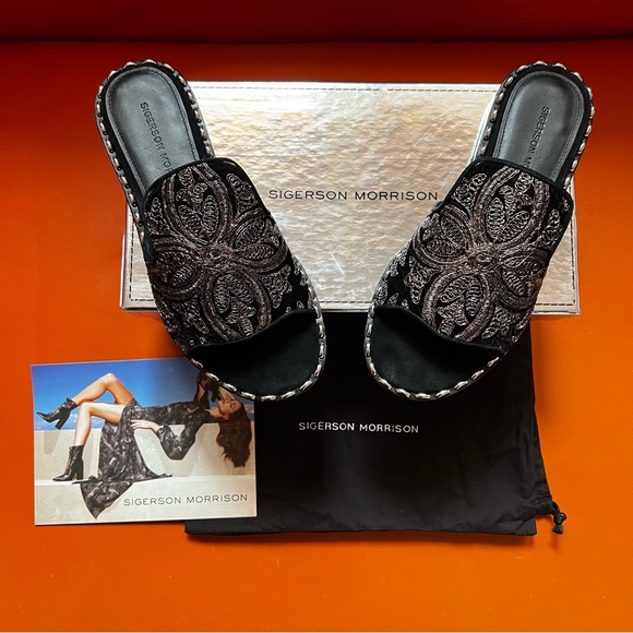 New! SIGERSON MORISSON Velvet Embroidered Studded Suede Leather Slides - Picture 2 of 11
